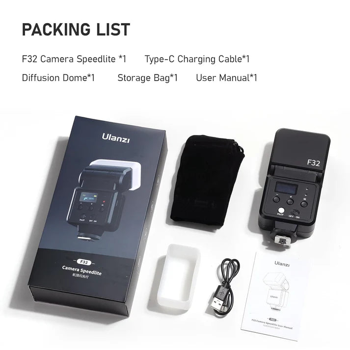 Ulanzi VIJIM F32 Camera Flash Speedlite GN32 – 5600K, Hot Shoe Mount