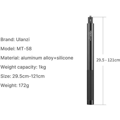 ULANZI MT-58 Extendable Selfie Stick â€“ 1/4" Thread Mount, 4ft Lightweight Handle