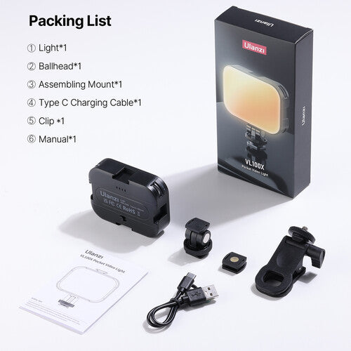 Ulanzi VL100X Clip LED Selfie Light â€“ Bi-Color Portable Panel (2500â€“6500K)